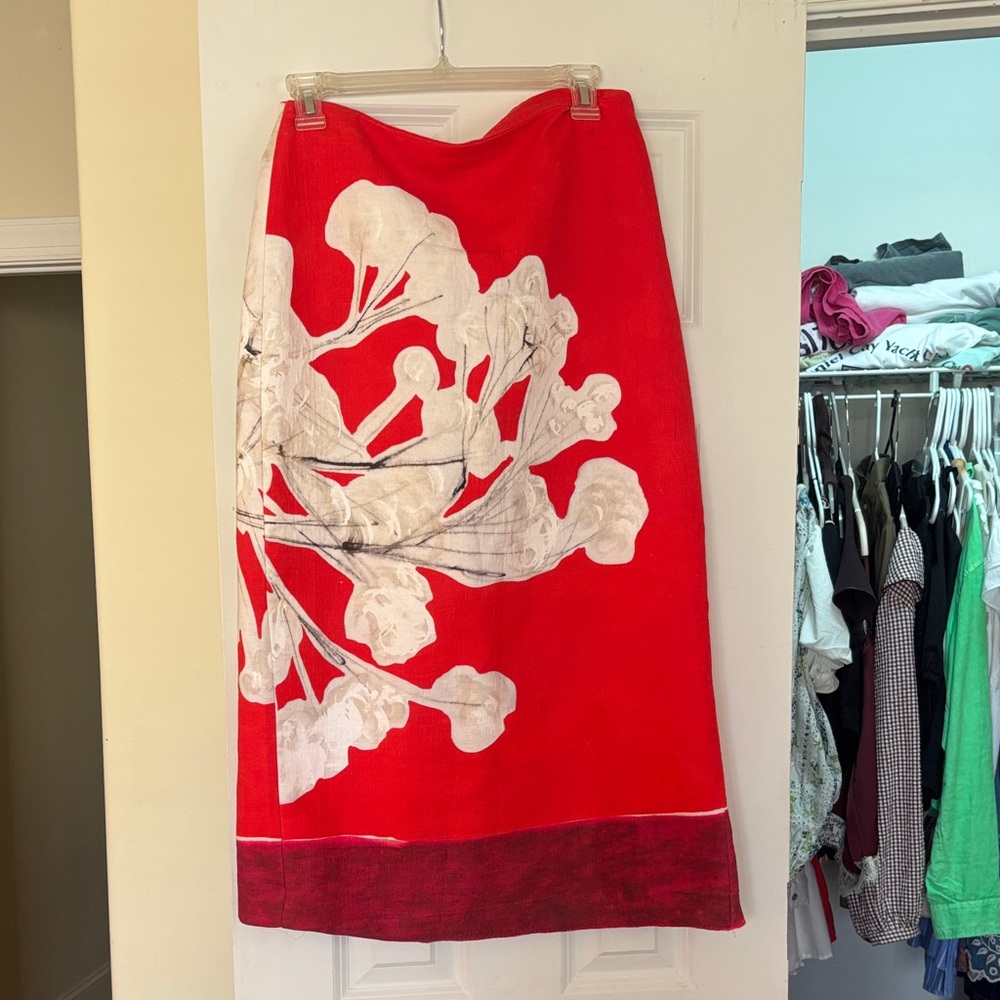 Zara Red Maxi Skirt with White Floral Motif
